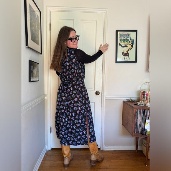 90s Vintage Black Floral Tank Dress with Back Ties - Picture 2 of 6